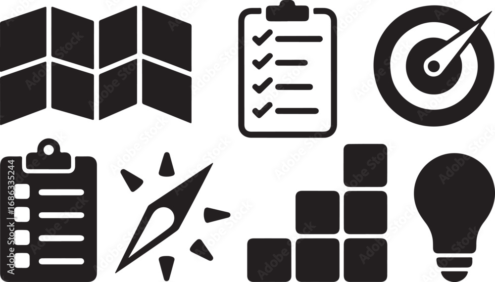 Fototapeta premium Strategic Planning Icons Set Illustrating Business Goals and Project Management Tools