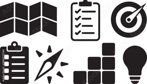 Strategic Planning Icons Set Illustrating Business Goals and Project Management Tools
