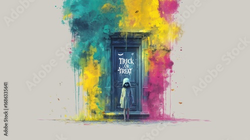 A whimsical illustration of a girl in a white dress standing before a colorful door with 