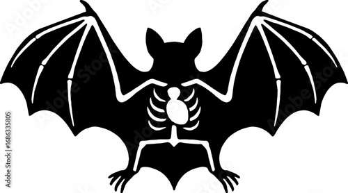 Bat Silhouette with Wing Bones - Nocturnal Anatomy Vector With White Background 