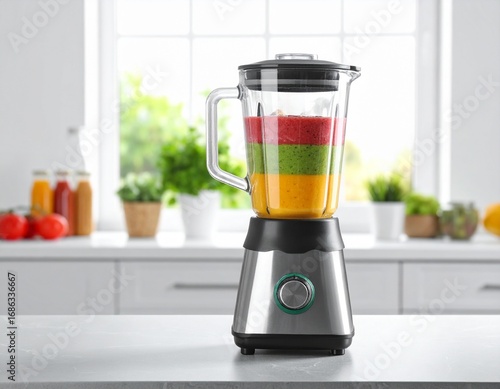 A modern stainless steel blender filled with colorful layered smoothies sits on a white kitchen counter with a bright window in the background, ready for a healthy drink.