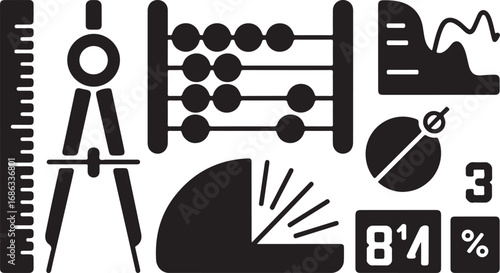 Mathematical Instruments and Data Analysis Vector Set: Ruler, Abacus, Graph, Chart