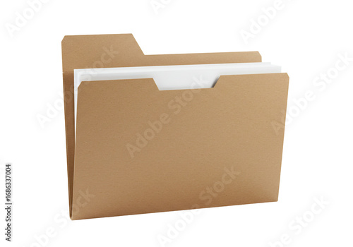 Brown paper folder with white papers inside on transparent background