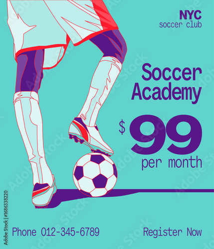 Soccer player with soccerball ready to play. Illustration graphic design poster.