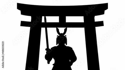 Silhouette of a samurai warrior in front of a torii gate holding a katana with a white background