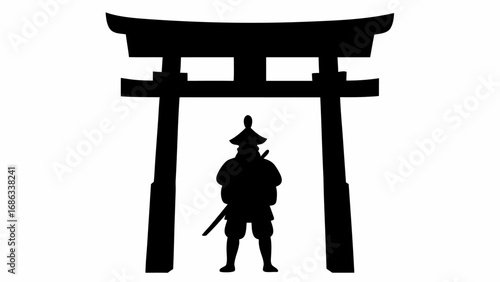 Silhouette of a samurai warrior standing under a torii gate in a black and white minimalist illustration
