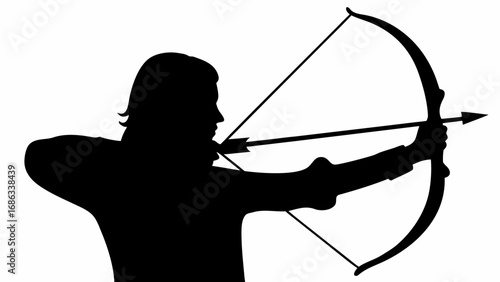 Archer silhouette aiming with bow and arrow in a black and white illustration drawing design art style