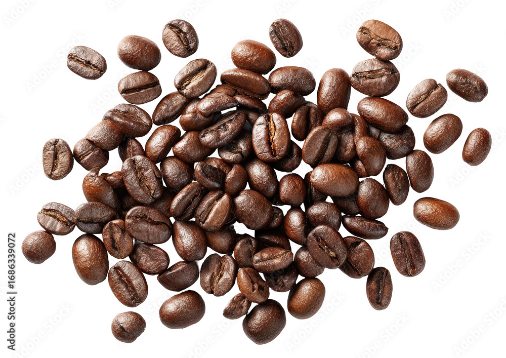 Naklejka premium Roasted coffee beans scattered in a cluster