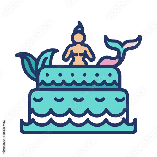 Mermaid birthday cake in flat cartoon ocean theme style