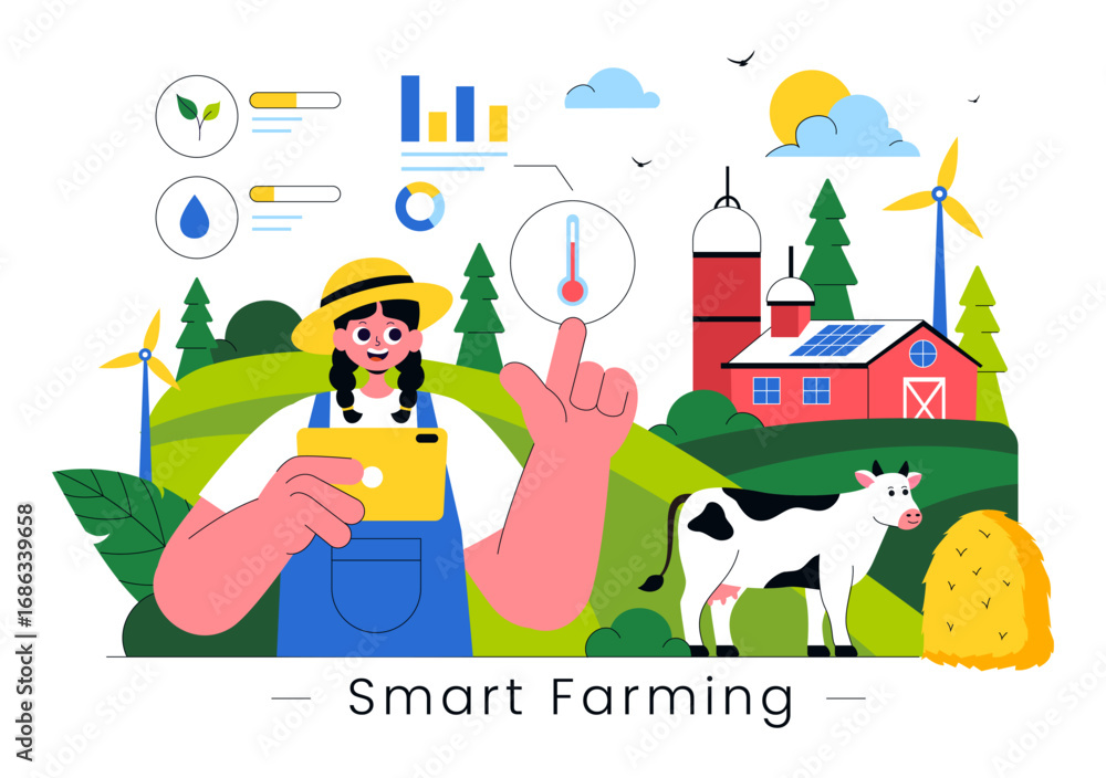 Fototapeta premium Smart Farming Technology Vector Illustration featuring a Farmer Managing His Industrial Farm Using a Tablet to Control Farming in a Flat Background