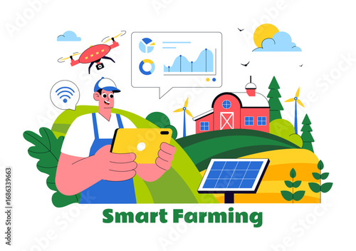 Smart Farming Technology Vector Illustration featuring a Farmer Managing His Industrial Farm Using a Tablet to Control Farming in a Flat Background