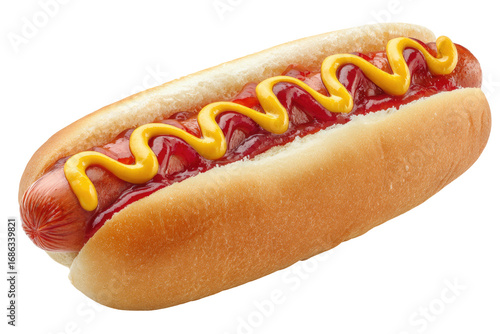 Hot dog in a bun, topped with mustard and ketchup (3)