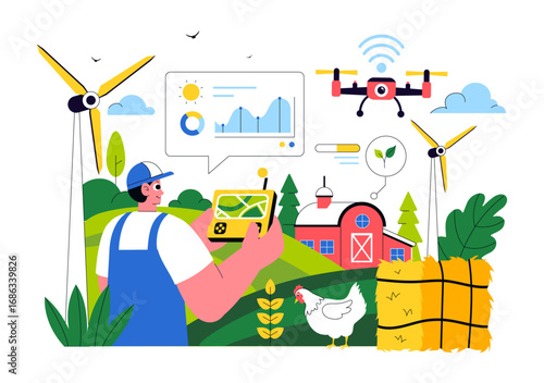Smart Farming Technology Vector Illustration featuring a Farmer Managing His Industrial Farm Using a Tablet to Control Farming in a Flat Background