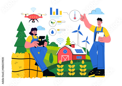 Smart Farming Technology Vector Illustration featuring a Farmer Managing His Industrial Farm Using a Tablet to Control Farming in a Flat Background
