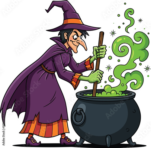 Witch stirring a cauldron, perfect for halloween illustrations, storybooks, or spooky designs