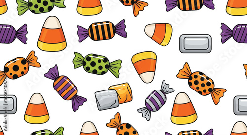 Seamless pattern with Halloween candies cute halloween candy corn, chocolate bar, and wrapped candies in cartoon style