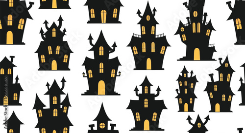 Seamless pattern with haunted houses spooky halloween with scary castles and mysterious mansions
