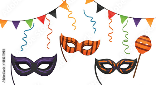 Festive seamless pattern featuring colorful carnival masks and party decorations, perfect for adding a fun and celebratory touch