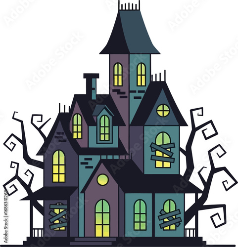 A spooky haunted house with gnarled trees halloween night