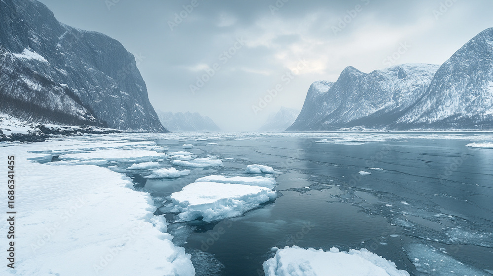 Fototapeta premium Arctic coastal landscape with floating icebergs and icy waters. Cold, serene, and pristine polar environment under soft natural light.