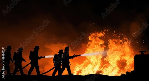 Firefighters bravely confront a raging blaze at night, their silhouettes stark against the intense orange flames.