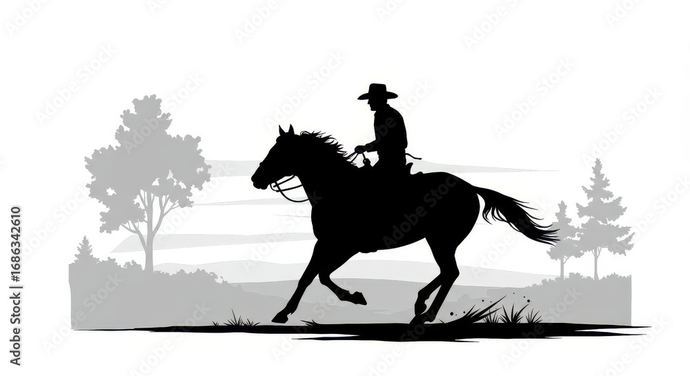 Naklejka premium A silhouette of a cowboy riding a horse across a rural landscape, conveying a sense of freedom and the spirit of the west.