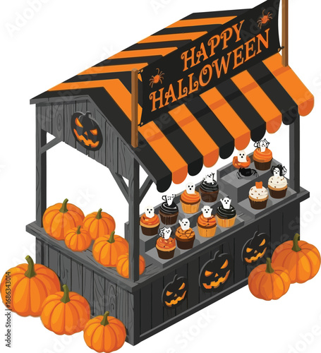 Halloween market stall, selling pumpkins and cupcakes, perfect for festive designs and seasonal promotions