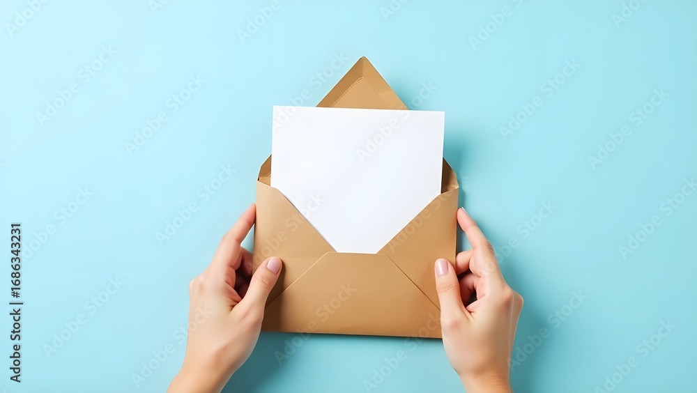 Fototapeta premium Two hands holding a brown kraft paper envelope, a crisp white card with a sharp corner peeks out. This scene evokes anticipation, as if a message, invitation, or heartfelt note is about to be shared.