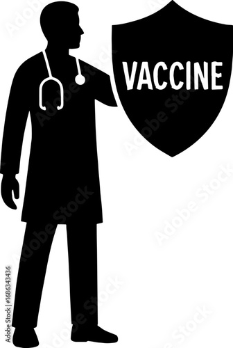 Doctor Holding Giant Vaccine Shield - Healthcare Victory Silhouette Vector With White Background 