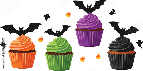 Halloween cupcakes with bats and candy are perfect for halloween decorations and designs for your celebration