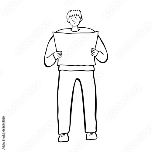 Man looking at a white paper with an anxious expression. Hand drawn doodle people illustration.
