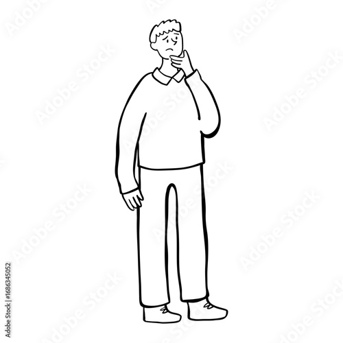 Man standing with a troubled expression. Man thinking. Pensive man. Troubled thought. Confused person. Hand drawn doodle people illustration.