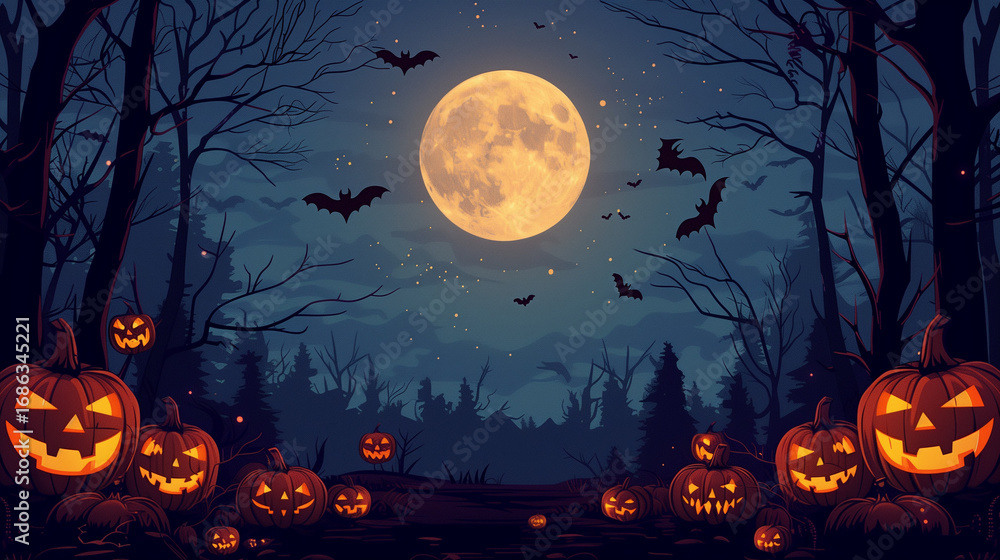 Fototapeta premium Halloween Graveyard Background with Pumpkins and Bats, Cartoon Illustration, 16:9 Banner