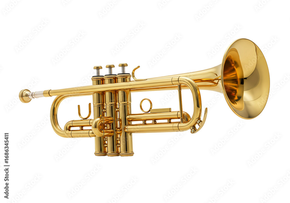 Obraz premium Golden trumpet musical instrument shiny brass wind section studio shot isolated on transparent background