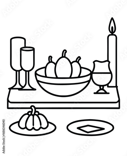 Elegant Thanksgiving Still Life in Black and White Outline Style Illustration