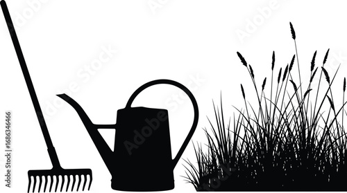 Silhouette vector of garden tools, watering can, rake, and tall grass, perfect for farming, gardening, landscaping, and outdoor themes.