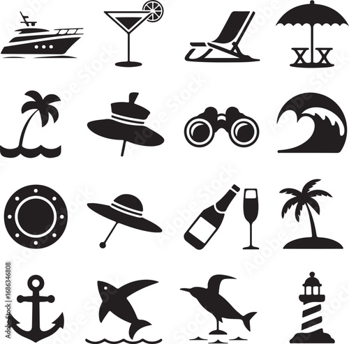 Summer vacation and beach icons with yacht and lighthouse Keywords: summer, vacation, beach, sea