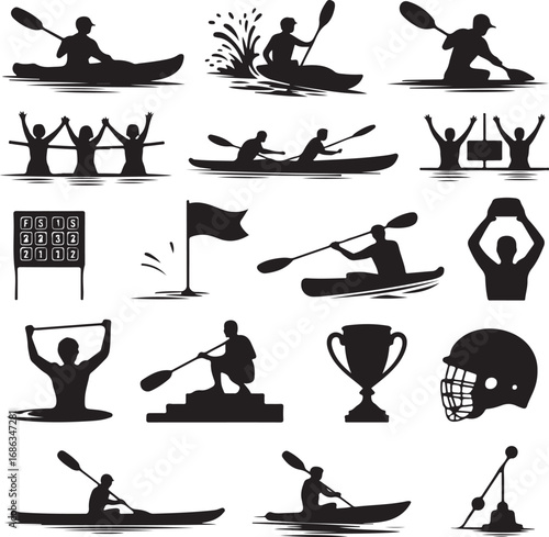 Kayaking and Canoeing Sports Silhouettes and Icons Collection Keywords: kayaking, canoeing