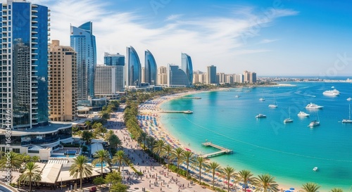Panoramic view of Dubai cityscape, beach, and turquoise sea on a sunny day highlighting modern