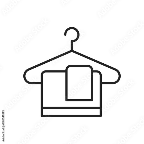 A line art illustration depicts a towel hanging on a hanger. Editable stroke. Icon vector illustration