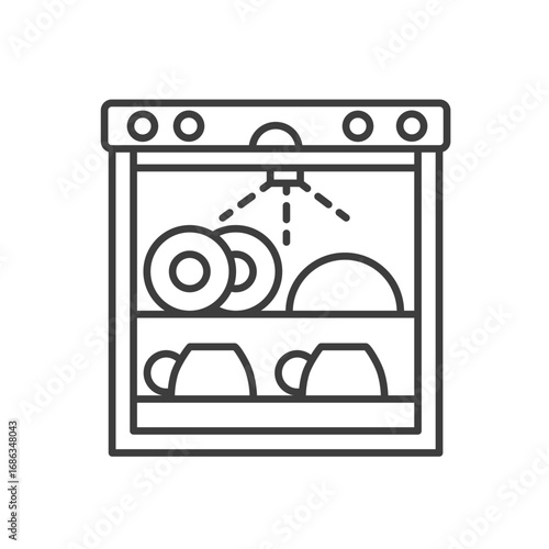 A line drawing depicts a dishwasher Inside two shelves hold dishes and mugs Water sprays from a nozzle. Editable stroke. Icon vector illustration