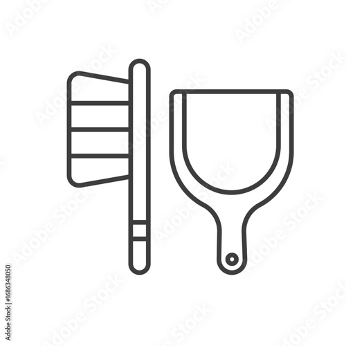 A brush and dustpan icon The brush has bristles The dustpan is handleless with a circular hole. Editable stroke. Icon vector illustration