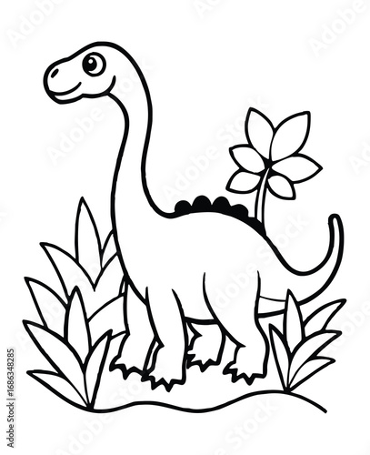 Cute cartoon brontosaurus dinosaur outline with plant life in black and white