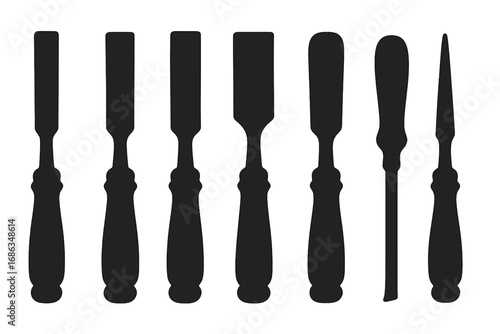 Chisel tool set silhouettes vector collection. Carpentry and woodworking equipment for carving wood. Assorted gouge and chisel icons for craft, DIY, sculpture, and manual work.