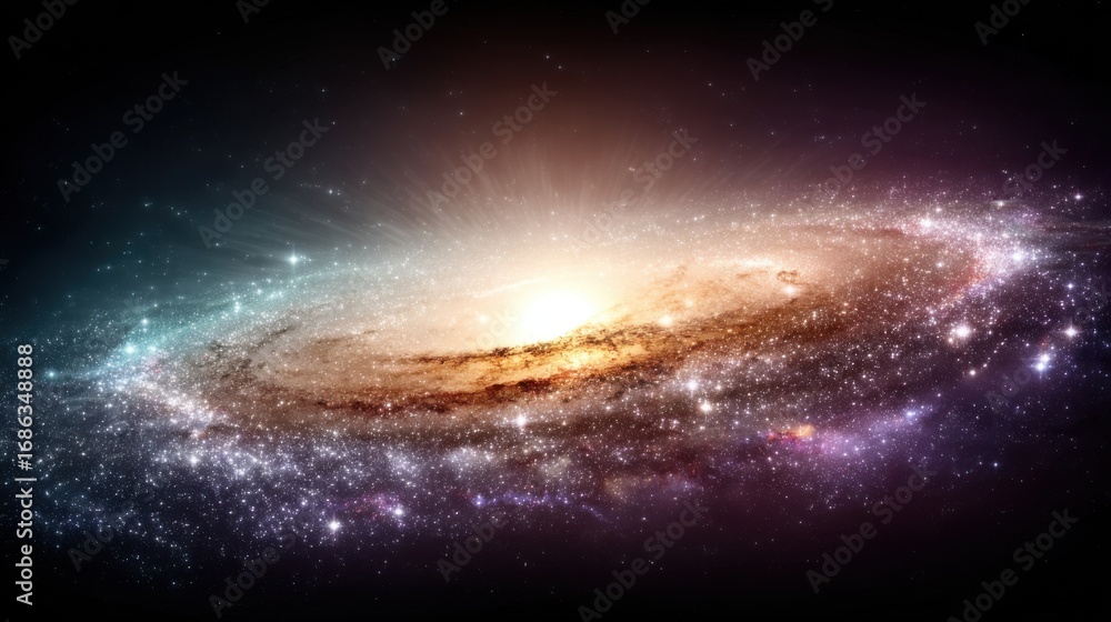 Obraz premium Spiral Galaxy with a Bright Glowing Core, Radiant Light Rays, and Myriad Stars Amid Colorful Nebulas in the Vast Deep Space, Representing Cosmic Majesty and Astronomical Wonders