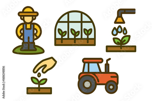 Agriculture icons set with farmer, greenhouse, irrigation and tractor. Vector cartoon symbols for farming, planting, cultivation, growing and harvesting. Organic farm concept.