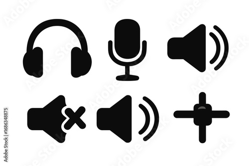 Audio sound icon set for music player interface. Vector silhouette of headphones, microphone, speaker, mute, and volume control buttons. UI elements for app or web design.