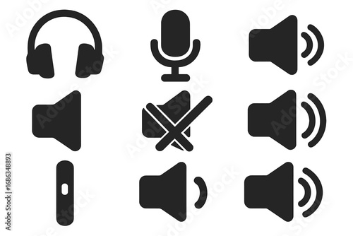 Audio and sound icons set in black silhouette style. Vector collection includes headphones, microphone, speaker volume and mute button. Music, podcast and sound wave pictograms.