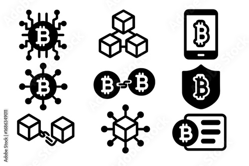 Vector icon set of blockchain and bitcoin symbols. Cryptocurrency, digital money, finance technology, network, block, security shield and crypto transaction solid pictograms.
