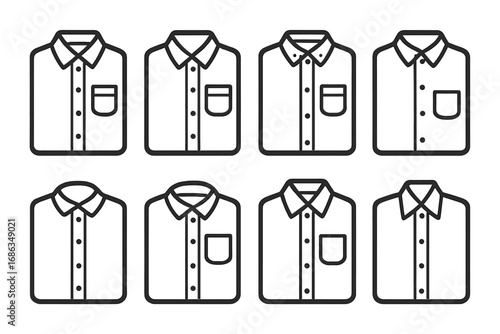 Folded shirt icon collection. Vector line art of men's dress shirts. Black and white outline symbols with different collars and pockets. Clothing and fashion concept design.